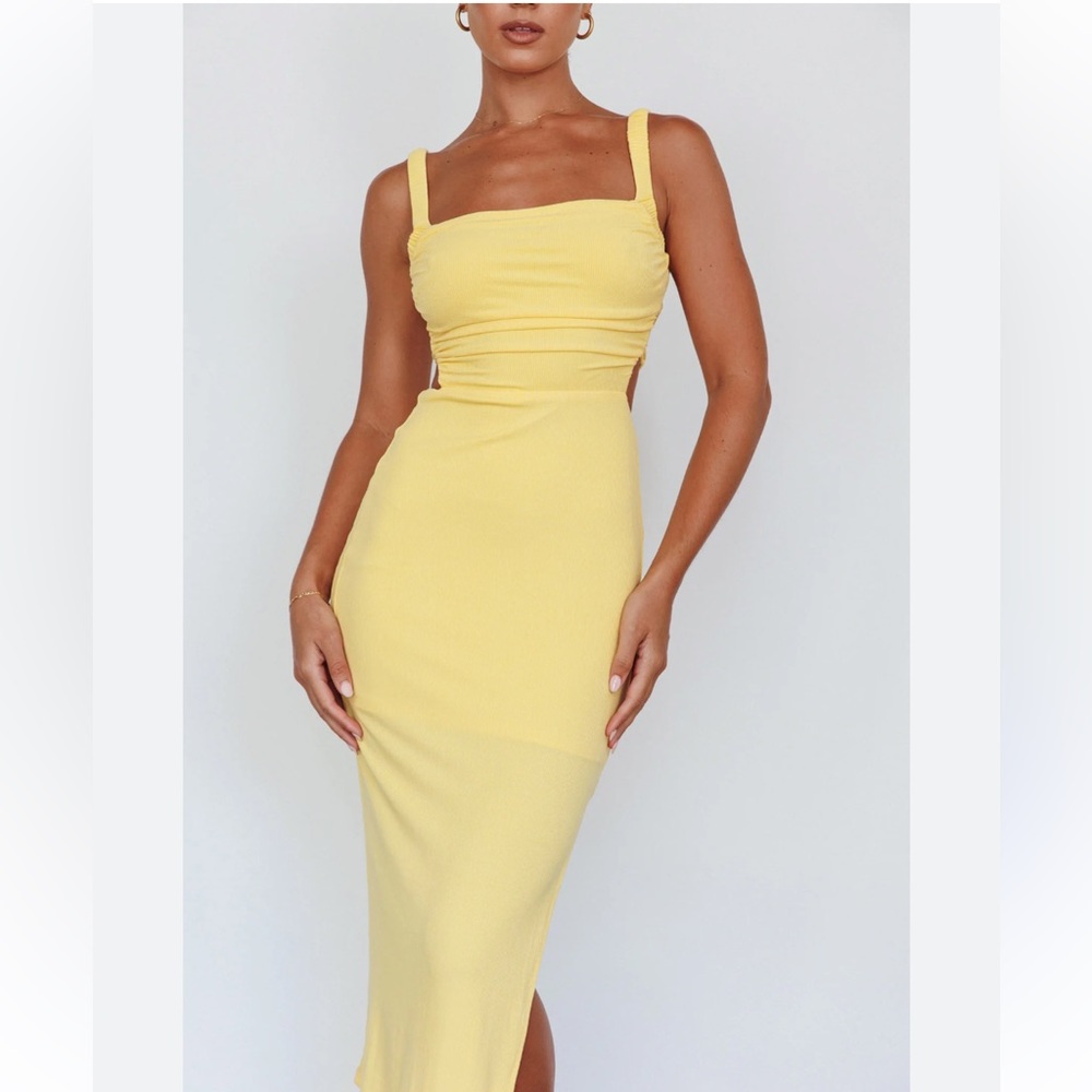 Selfie Leslie | Dream Crush Lace-Up Back Side Split Midi Dress Lemon Yellow